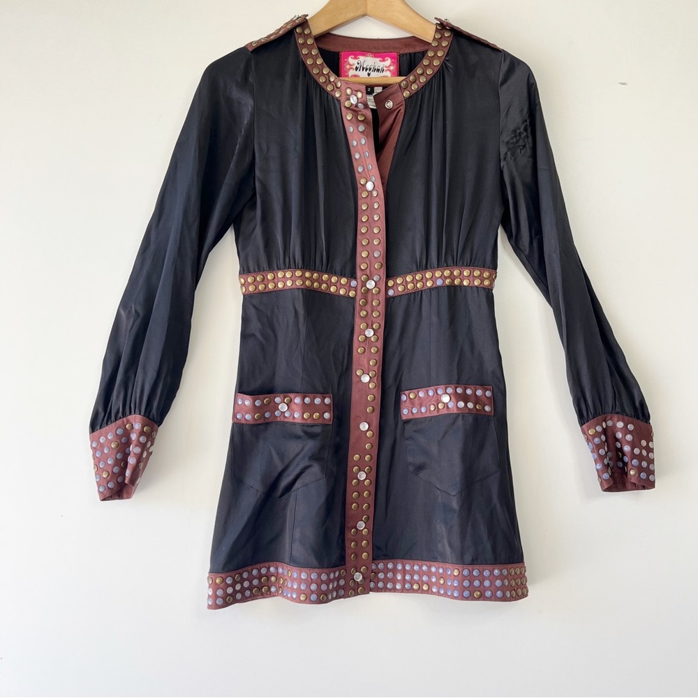 Meghan LA embellished silk long sleeve button front blouse top
